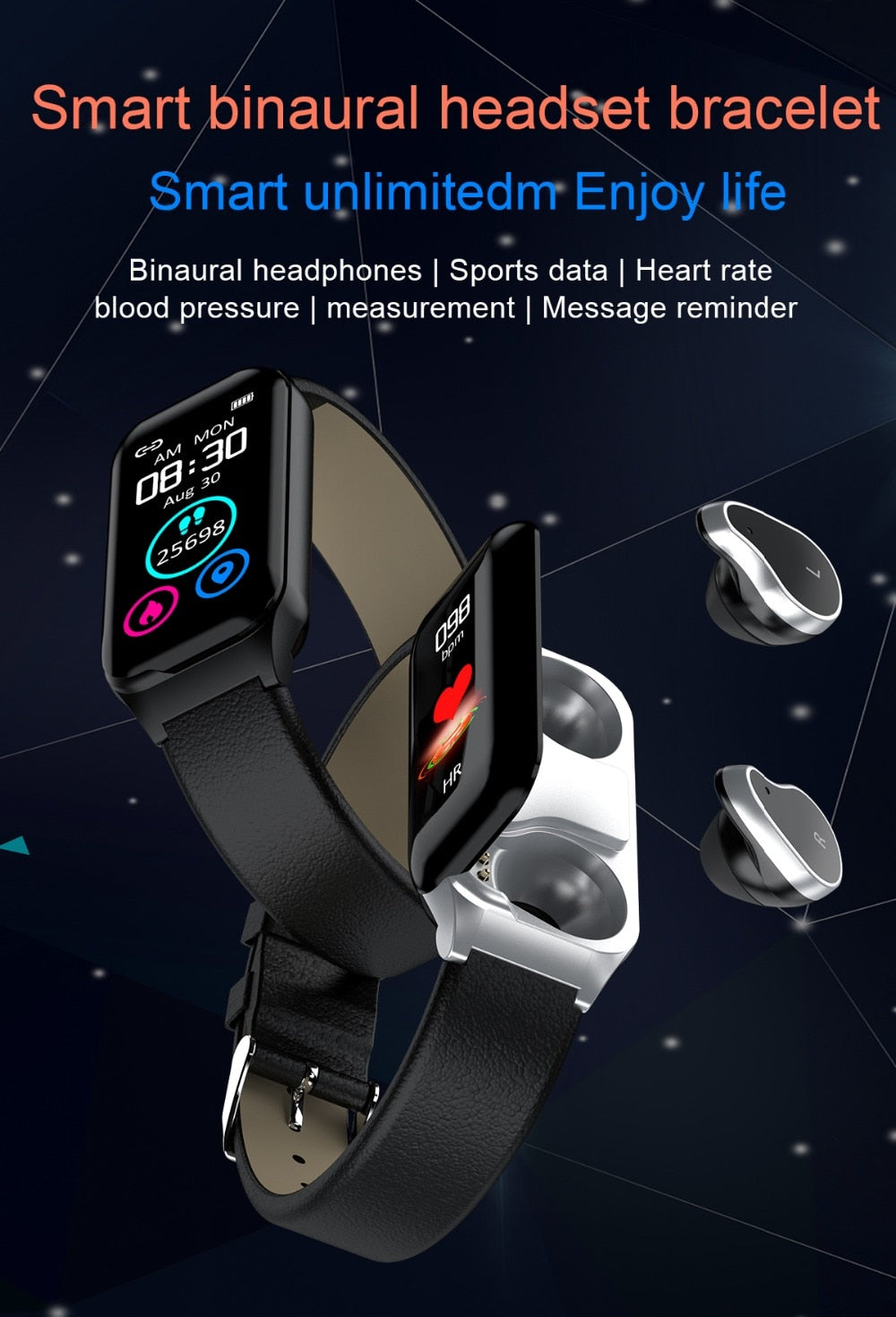 Smart Watch w/ Integrated Wireless Ear Buds